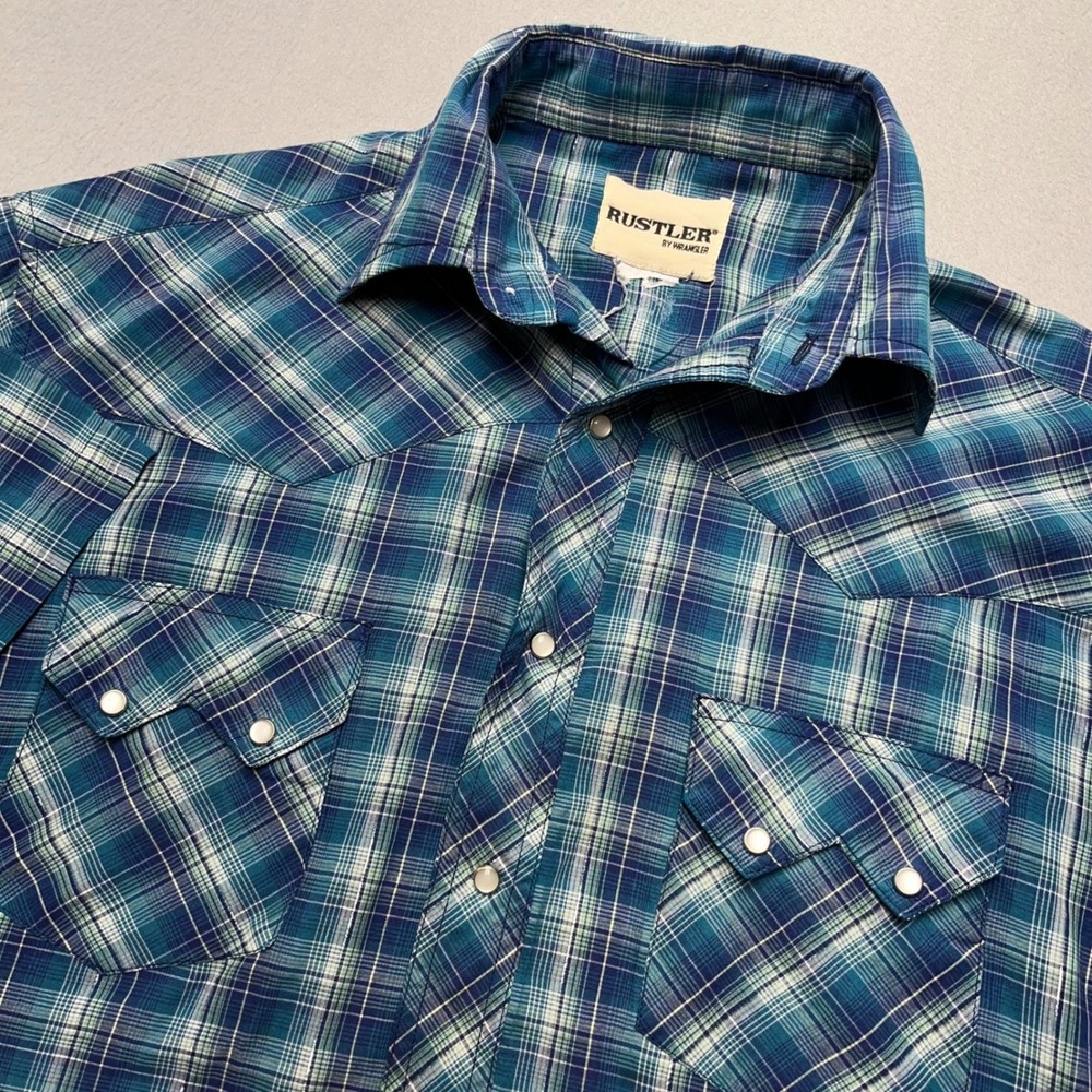 VTG Rustler Wrangler Mens Teal Blue Plaid Western Pearl Snap SS saw tooth yolk